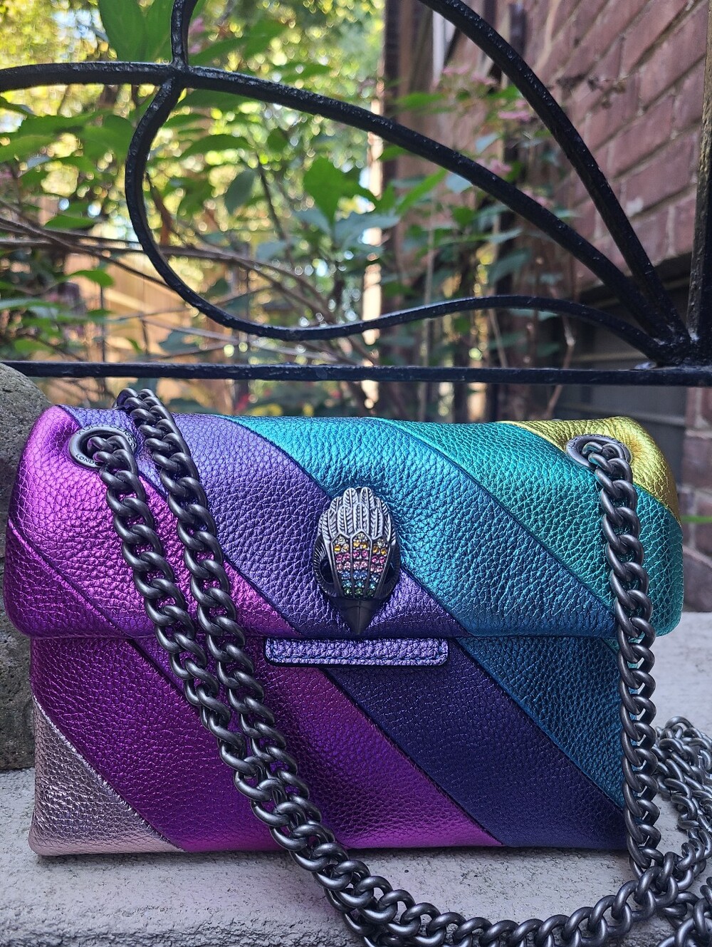 Kurt Geiger London Mini Kensington Metallic Rainbow Striped Crossbody Bag NWT